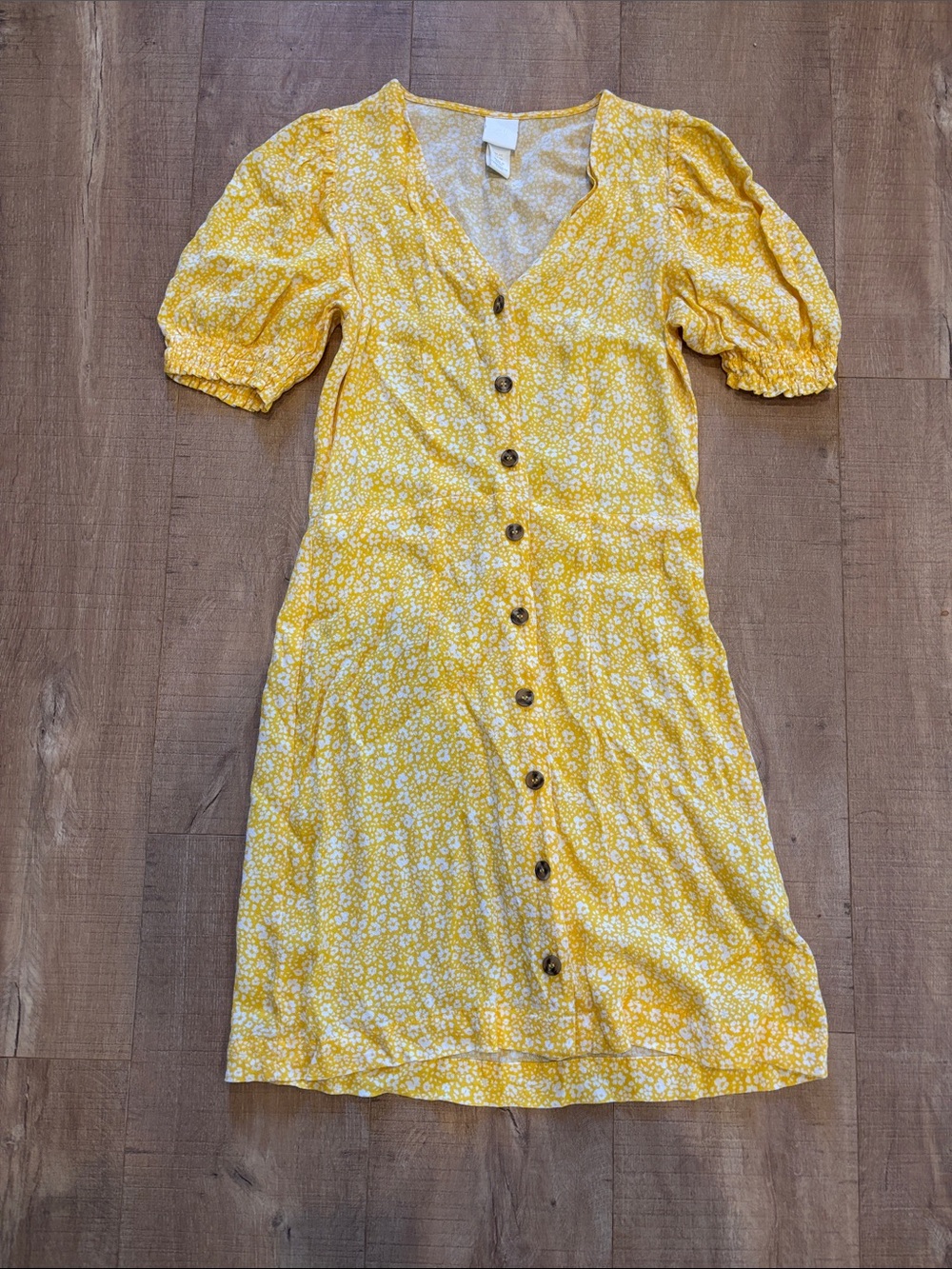H&M cottage core cute puff sleeve yellow sun dress house dress